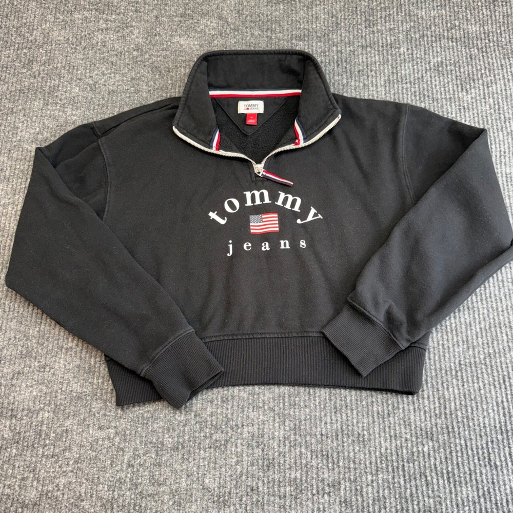 Tommy Jeans Women's Black Cropped Quarter-Zip Fleece Pullover Sweatshirt‎ M